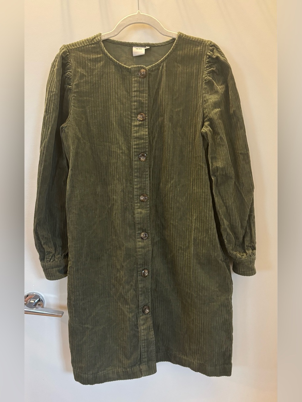 ICHI Olive Corduroy Button Front Puff Sleeve Dress 36